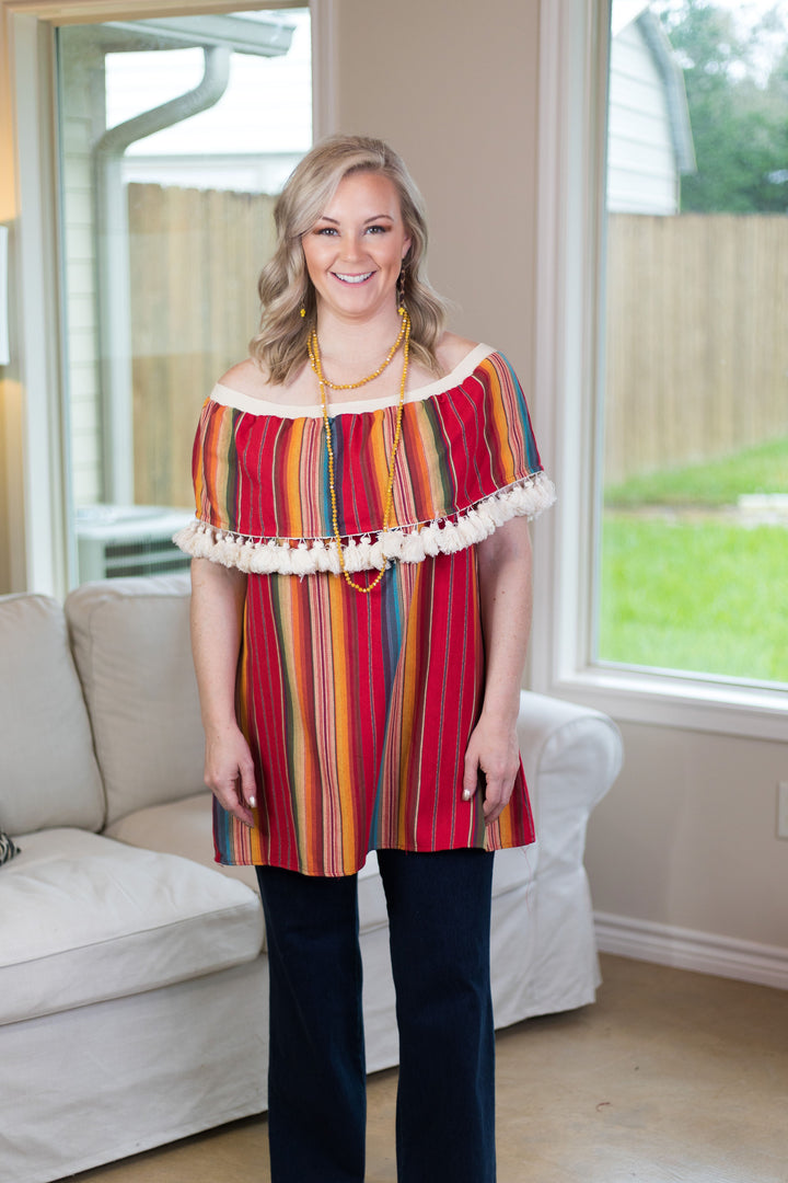 Last Chance Size Small & Med. | You Get What You Get Off Shoulder Tunic with Tassels in Red Serape - Giddy Up Glamour Boutique