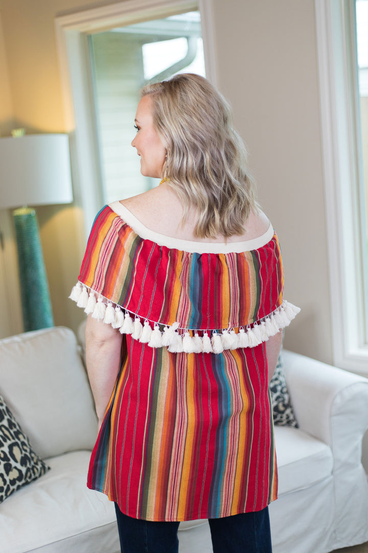 Last Chance Size Small & Med. | You Get What You Get Off Shoulder Tunic with Tassels in Red Serape - Giddy Up Glamour Boutique