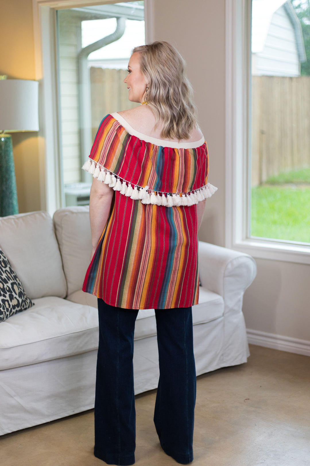 Last Chance Size Small & Med. | You Get What You Get Off Shoulder Tunic with Tassels in Red Serape - Giddy Up Glamour Boutique