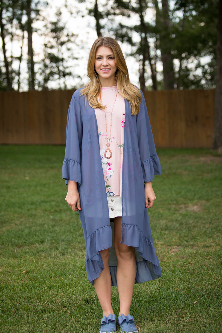 Listen to the Wind Sheer Duster with Ruffle Trim in Dusty Blue - Giddy Up Glamour Boutique
