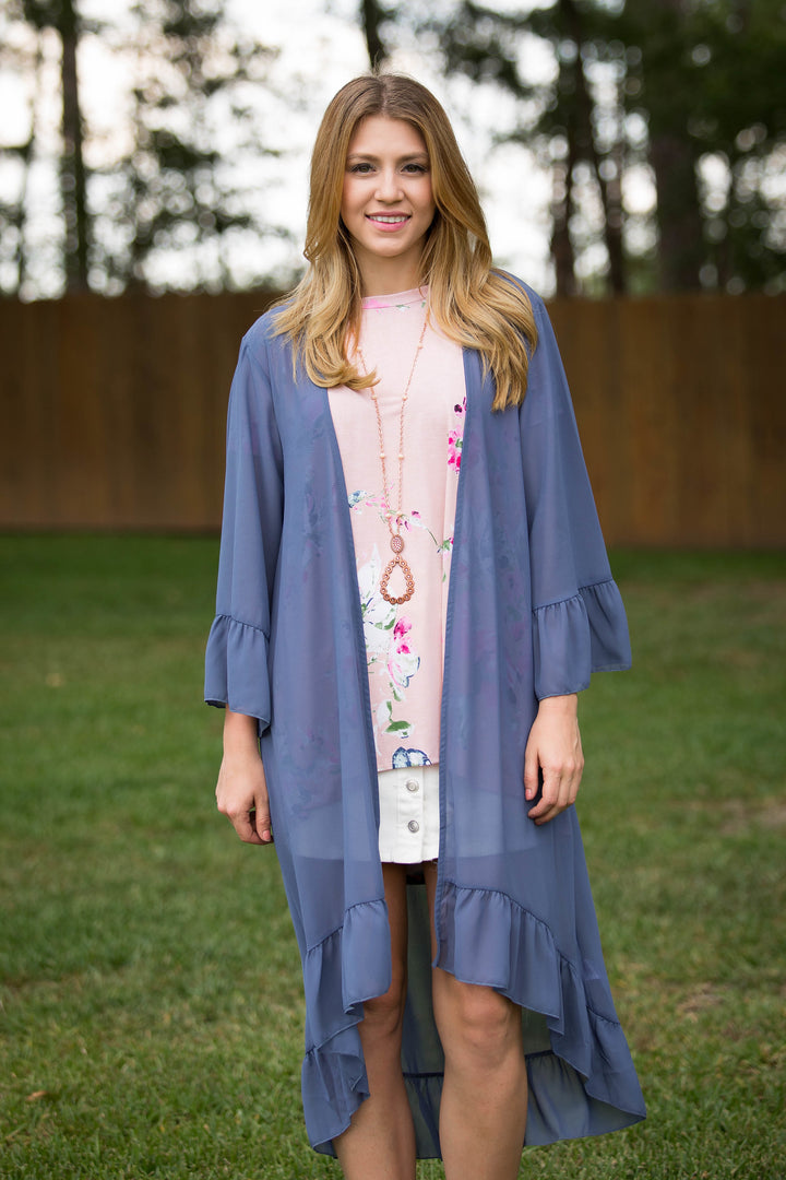 Listen to the Wind Sheer Duster with Ruffle Trim in Dusty Blue - Giddy Up Glamour Boutique