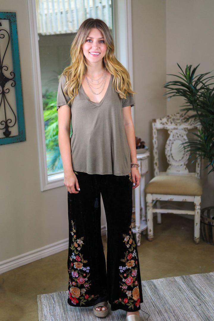 Sugar and Spice Deep V-Neck Short Sleeve Tee in Light Olive Green - Giddy Up Glamour Boutique