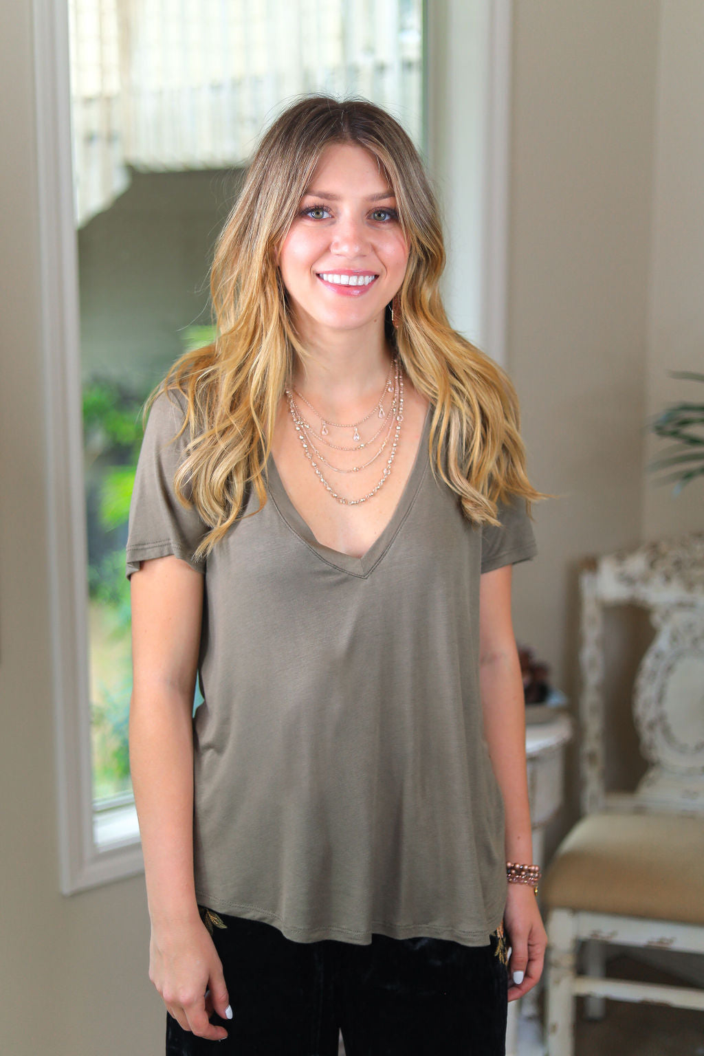 Sugar and Spice Deep V-Neck Short Sleeve Tee in Light Olive Green - Giddy Up Glamour Boutique