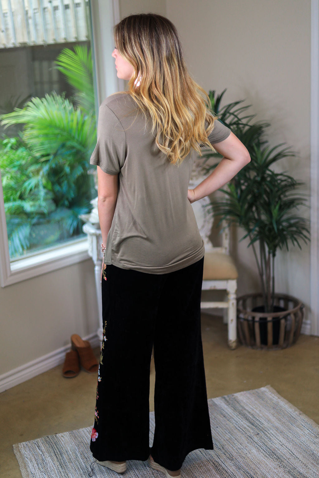 Sugar and Spice Deep V-Neck Short Sleeve Tee in Light Olive Green - Giddy Up Glamour Boutique