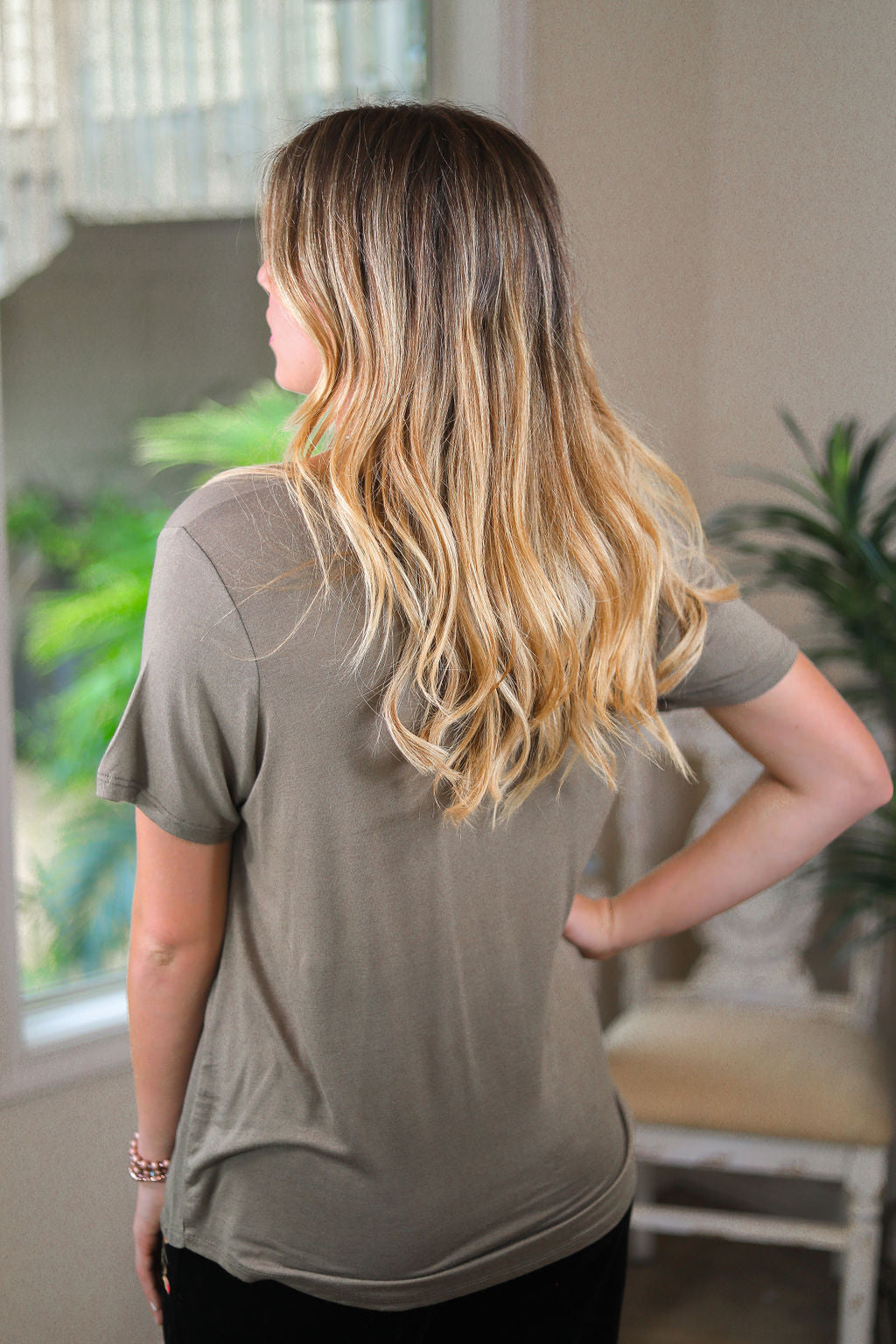 Sugar and Spice Deep V-Neck Short Sleeve Tee in Light Olive Green - Giddy Up Glamour Boutique