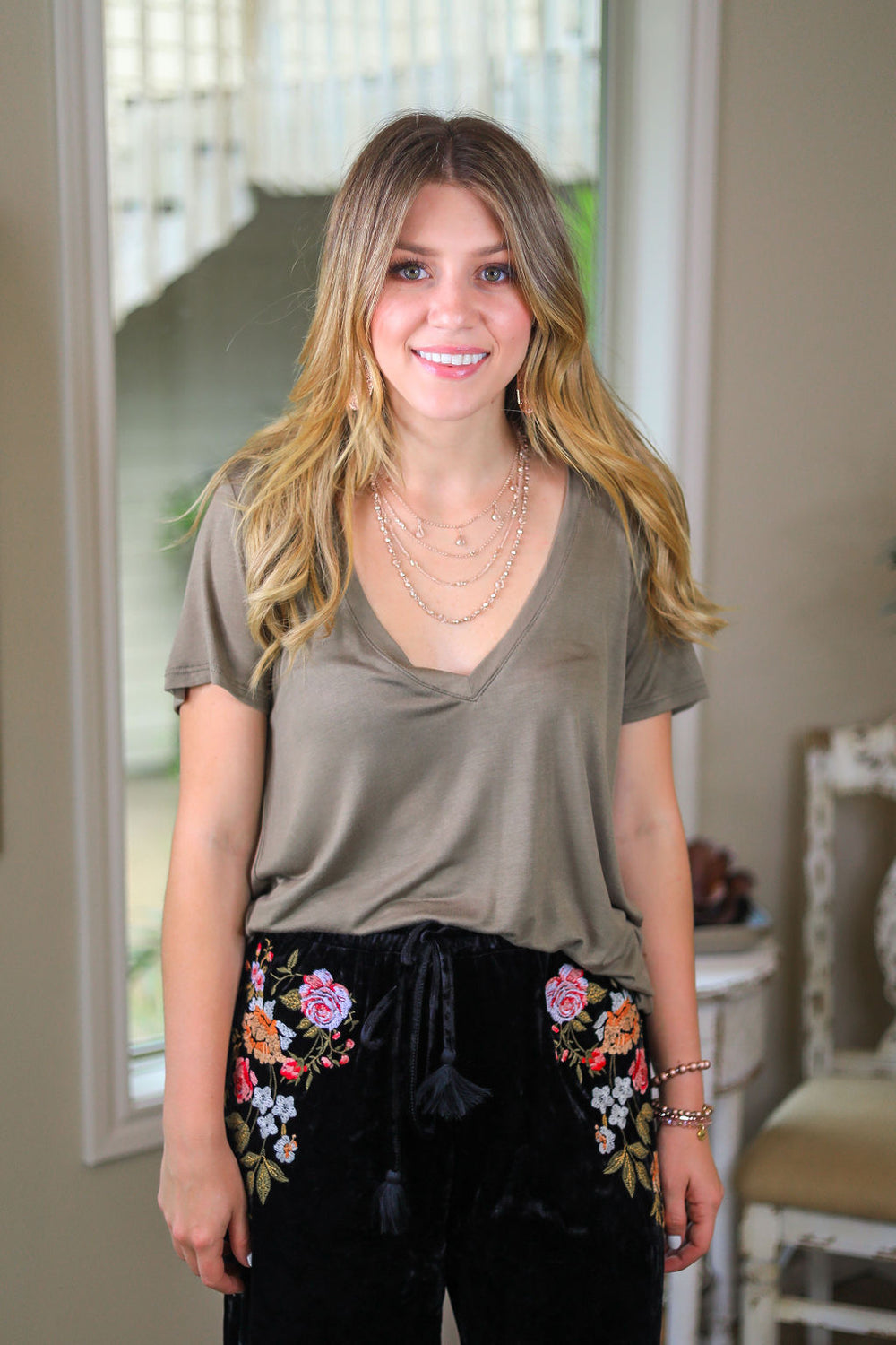 Sugar and Spice Deep V-Neck Short Sleeve Tee in Light Olive Green - Giddy Up Glamour Boutique