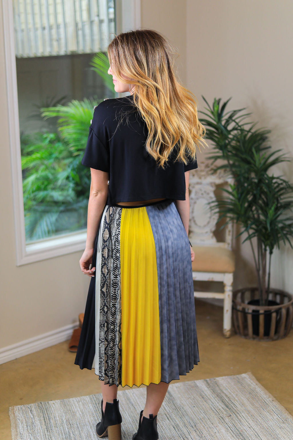 Downtown Feels Snake Skin Color Block Pleated Skirt in Mustard Yellow