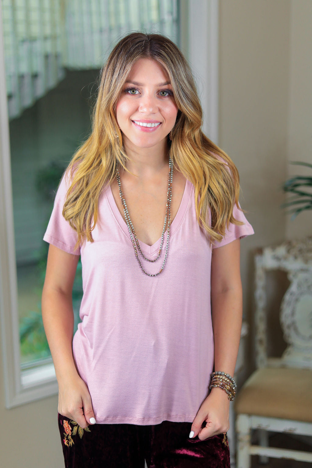 Last Chance Size Small | Sugar and Spice Deep V-Neck Short Sleeve Tee in Dusty Rose Pink - Giddy Up Glamour Boutique