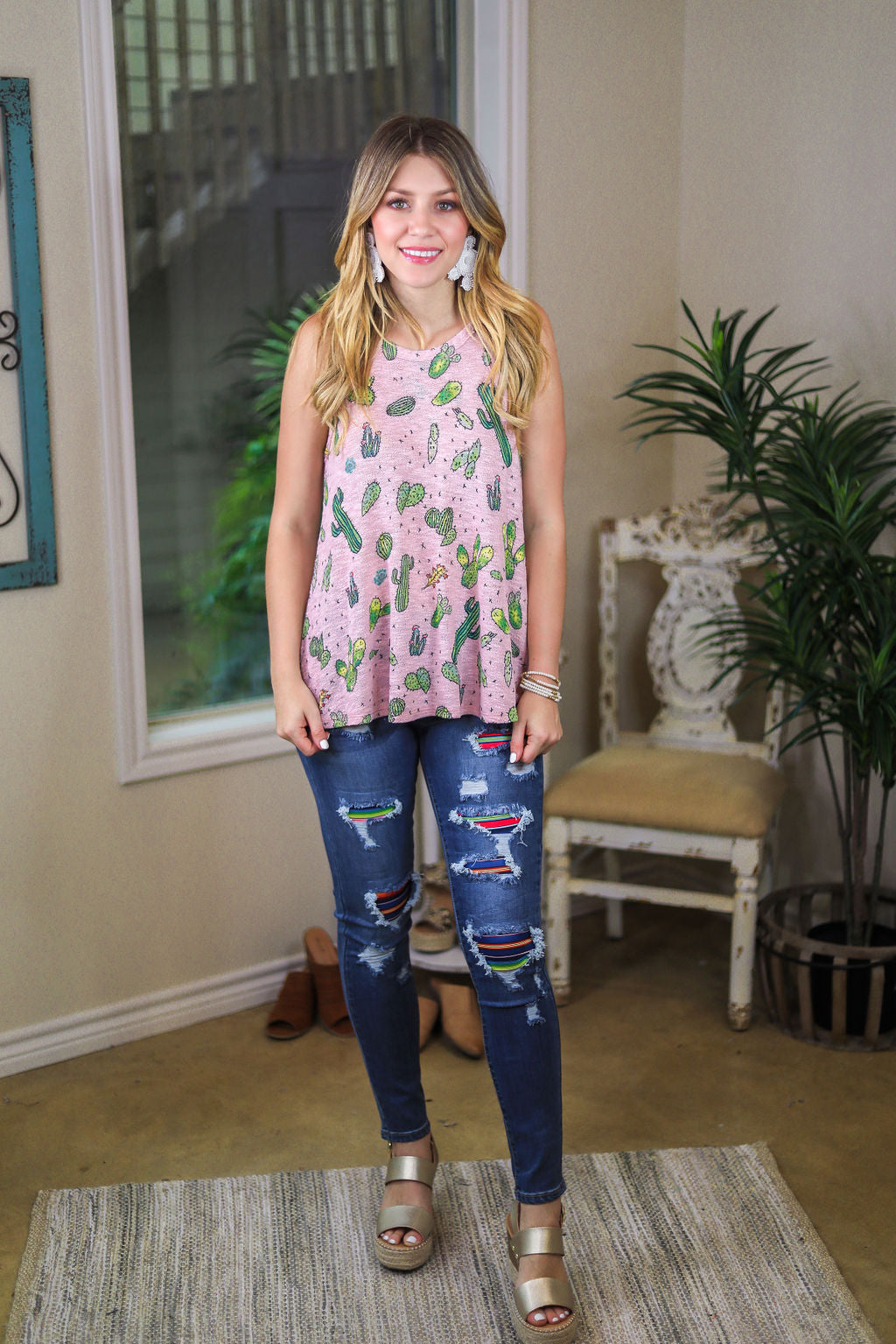 Point Made Cactus Print Halter Tank Top in Light Pink - Giddy Up Glamour Boutique