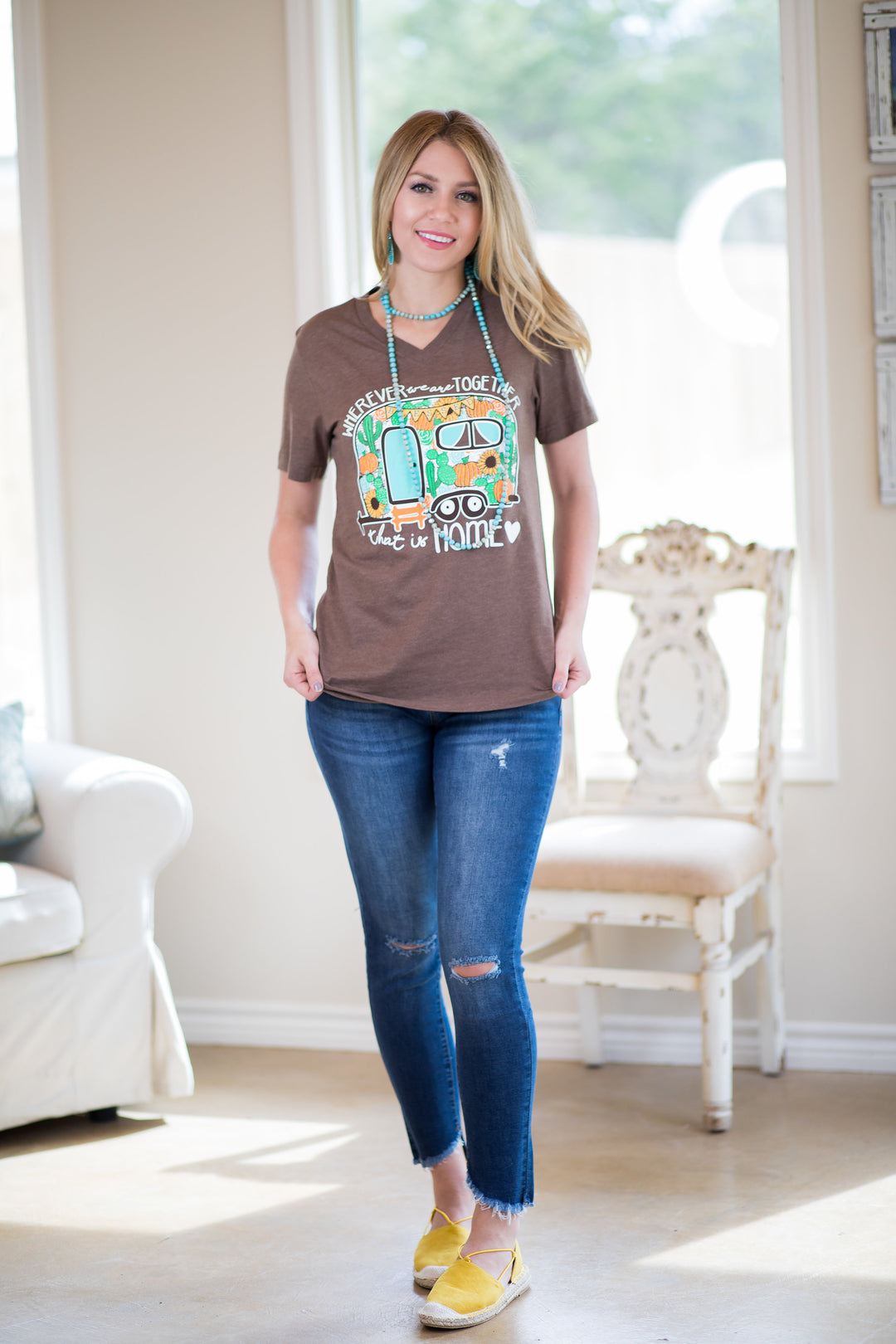 Last Chance Size Small | Wherever We Are Together, That Is Home Camper Short Sleeve Tee Shirt in Brown - Giddy Up Glamour Boutique