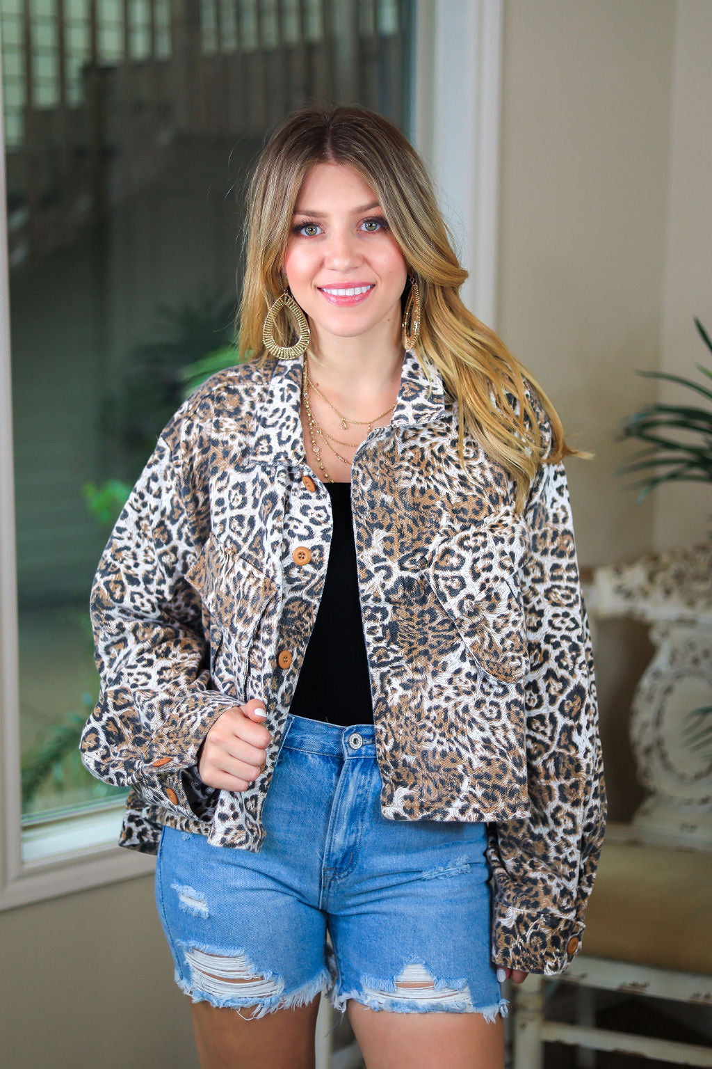 Drippin' in Finesse Over Sized Crop Denim Jacket in Leopard - Giddy Up Glamour Boutique