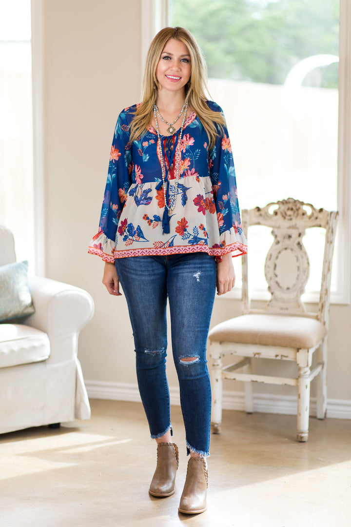 Last Chance Size Small | Not Over It Sheer Floral Print Peasant Top in Navy Blue - Giddy Up Glamour Boutique