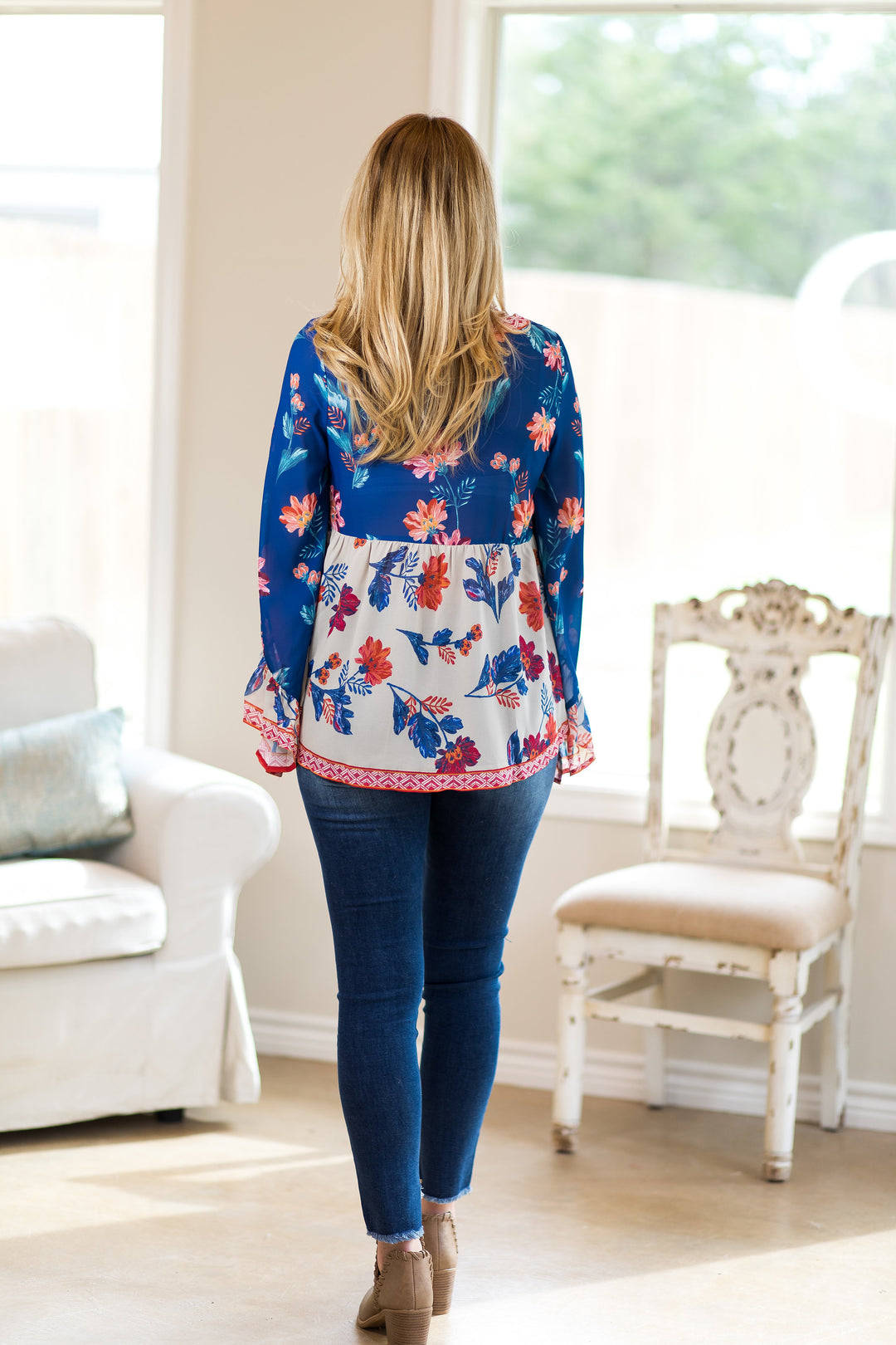 Last Chance Size Small | Not Over It Sheer Floral Print Peasant Top in Navy Blue - Giddy Up Glamour Boutique