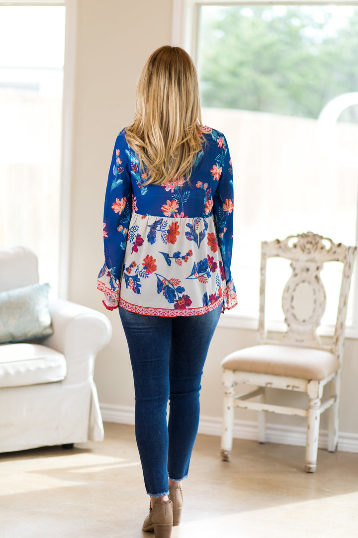 Last Chance Size Small | Not Over It Sheer Floral Print Peasant Top in Navy Blue - Giddy Up Glamour Boutique