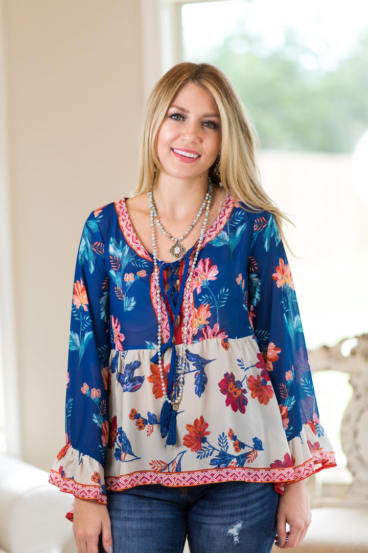 Last Chance Size Small | Not Over It Sheer Floral Print Peasant Top in Navy Blue - Giddy Up Glamour Boutique