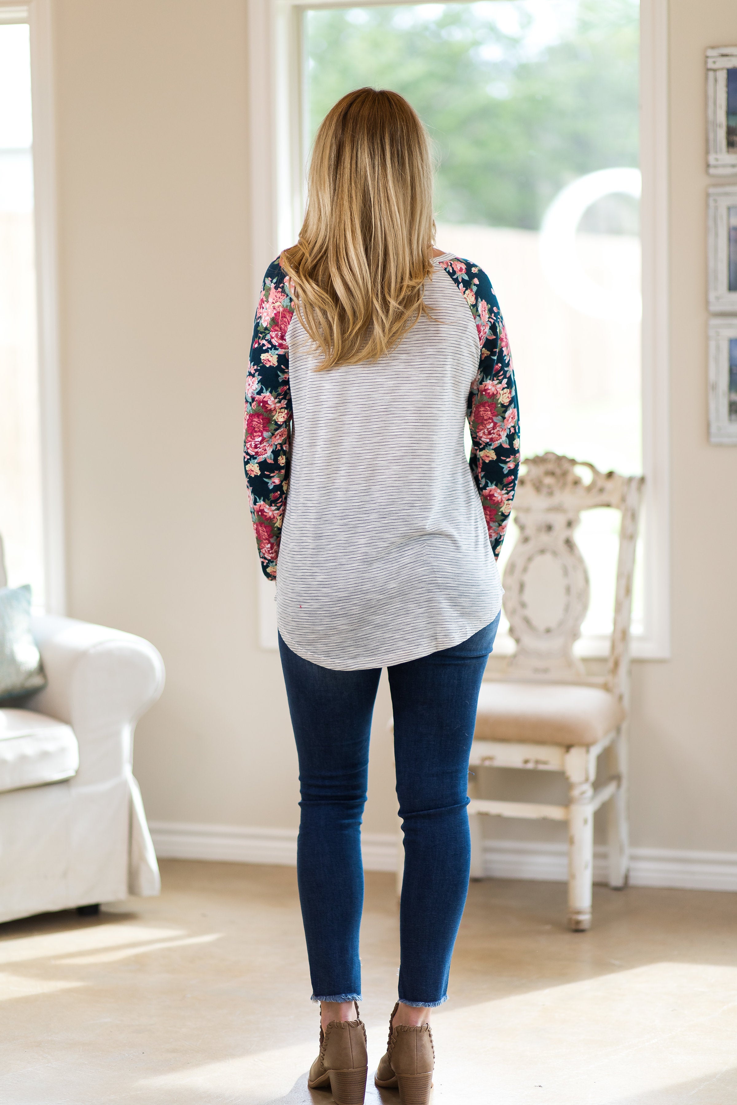 Win Them Over Stripe Pocket Blouse with Floral Long Sleeves - Giddy Up Glamour Boutique