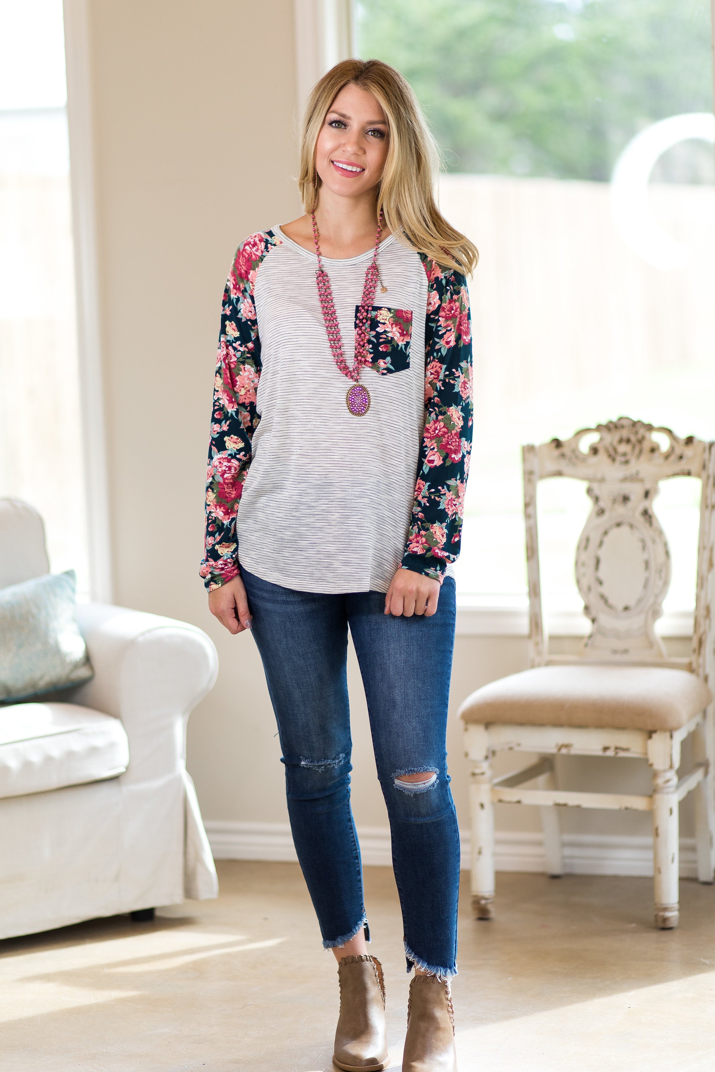 Win Them Over Stripe Pocket Blouse with Floral Long Sleeves - Giddy Up Glamour Boutique