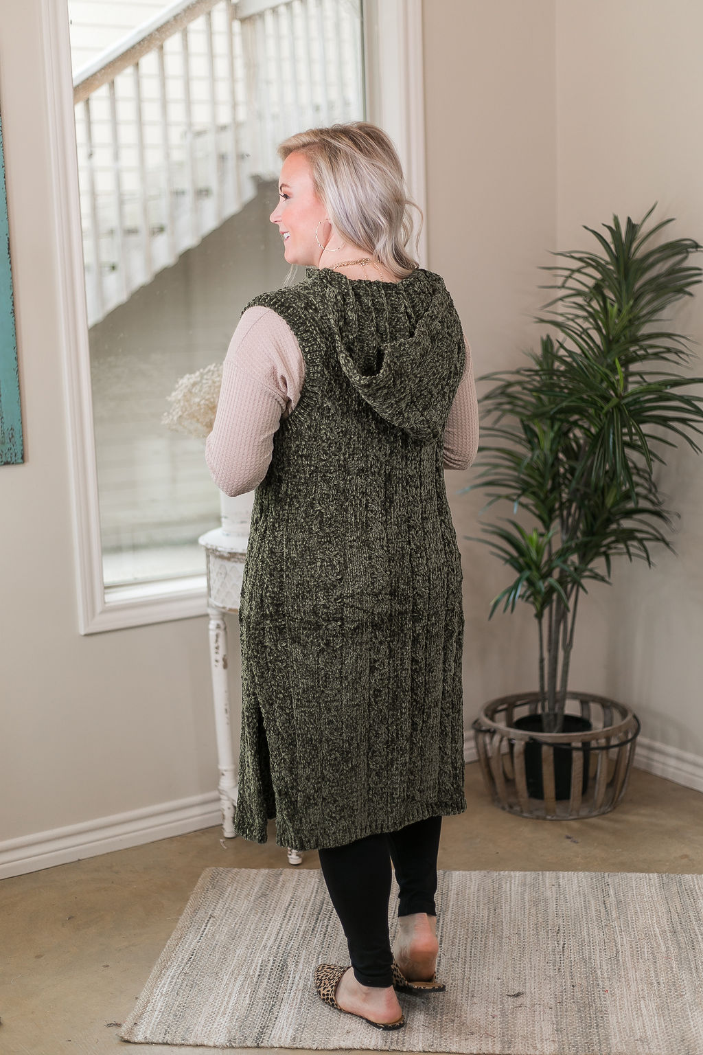Easy Days Long Chenille Knit Vest with Hood in Olive Green - Giddy Up Glamour Boutique