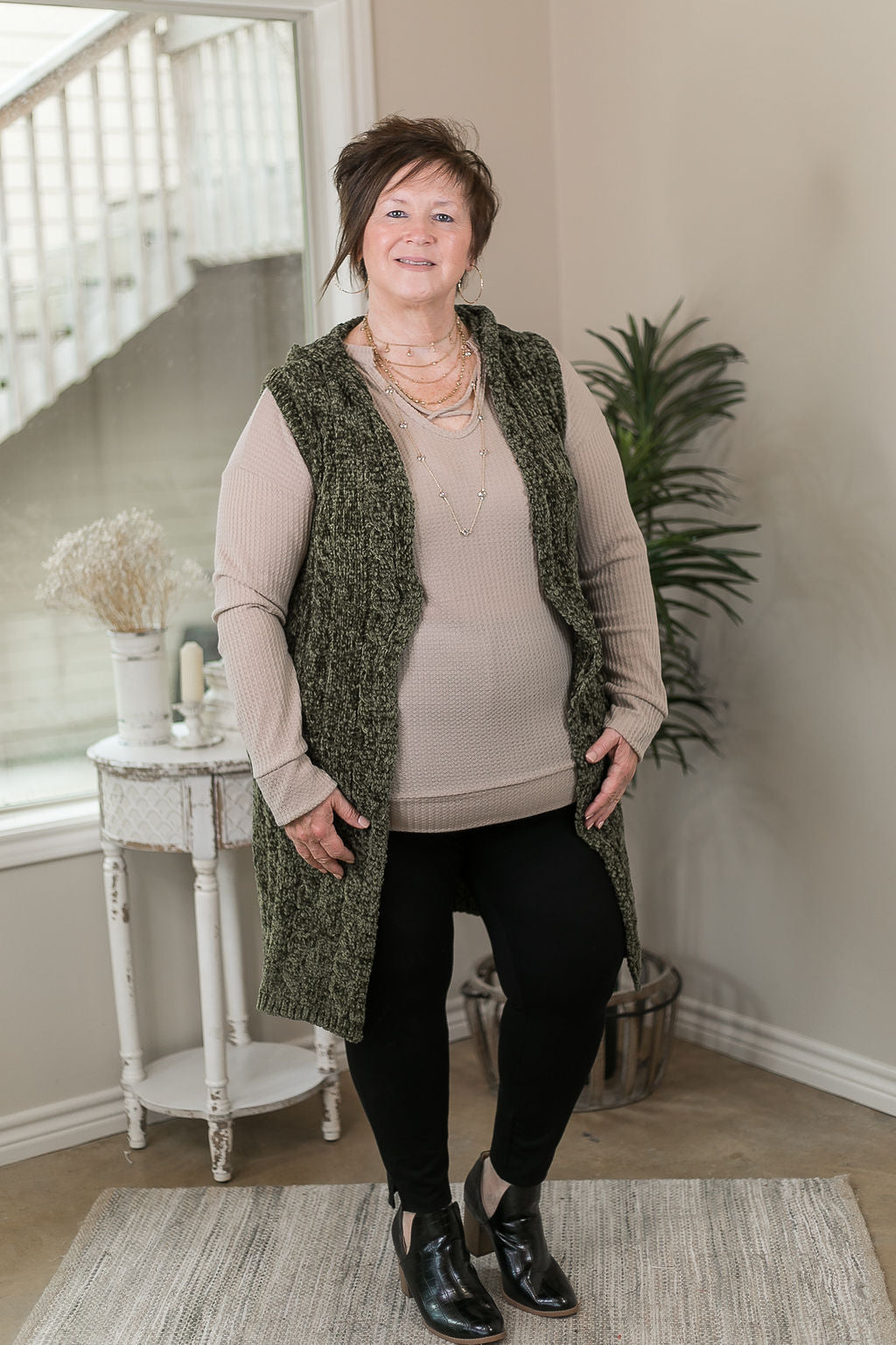 Easy Days Long Chenille Knit Vest with Hood in Olive Green - Giddy Up Glamour Boutique