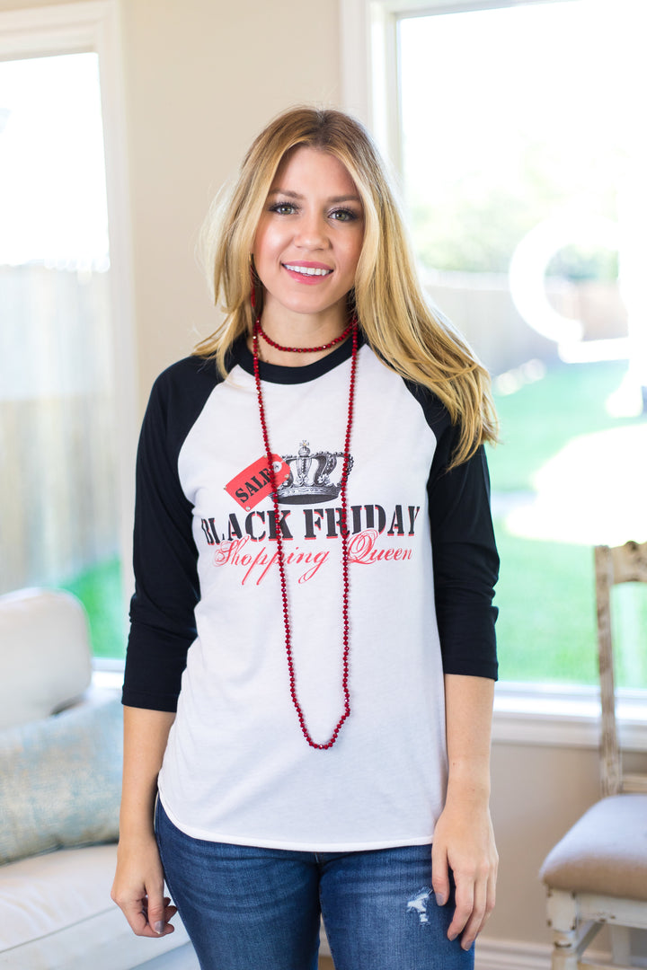 Black Friday Shopping Queen Black Baseball Tee - Giddy Up Glamour Boutique
