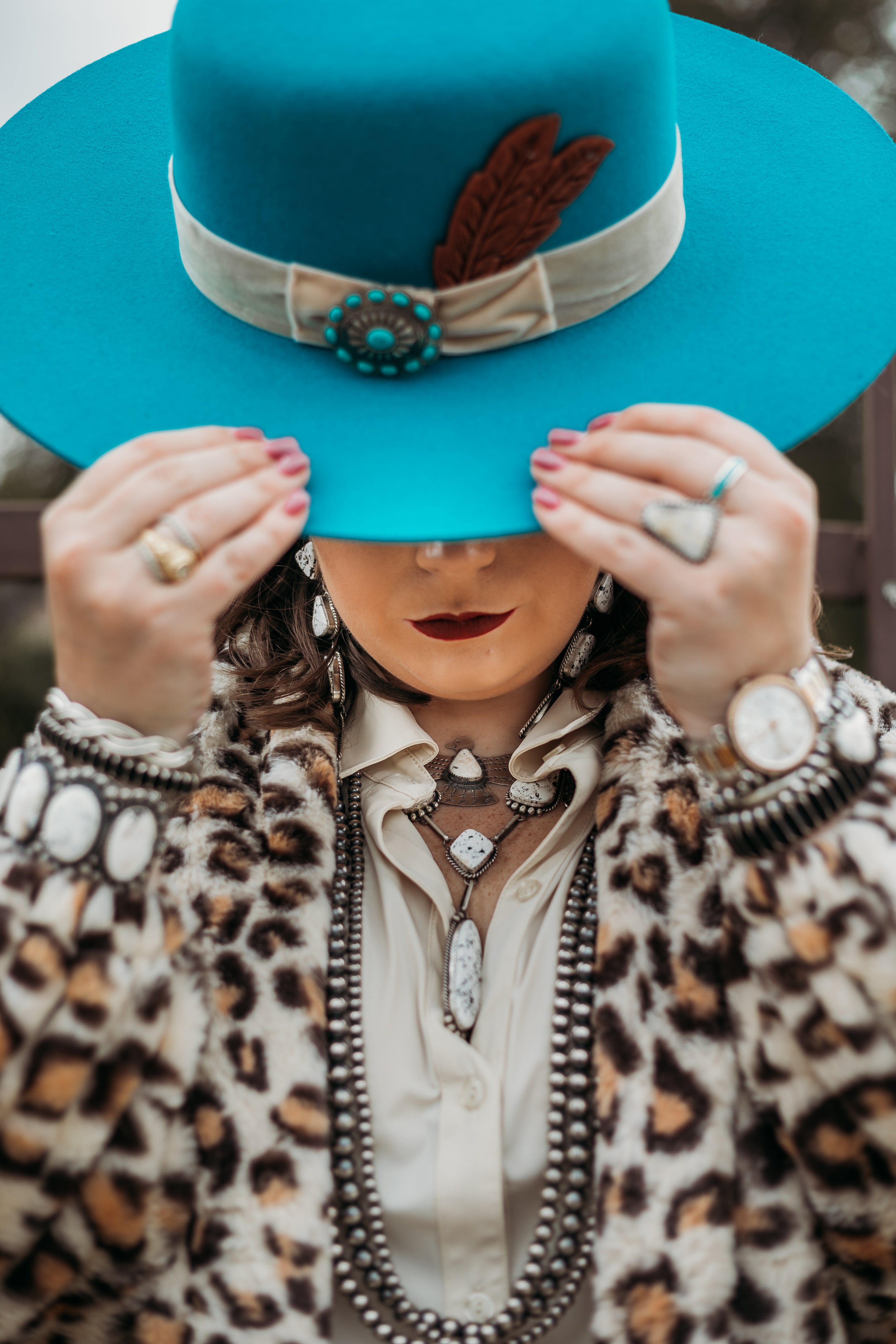 Charlie 1 Horse | Bohemian Wool Felt Hat with Ribbon Band and Concho with Leather Feather in Turquoise - Giddy Up Glamour Boutique