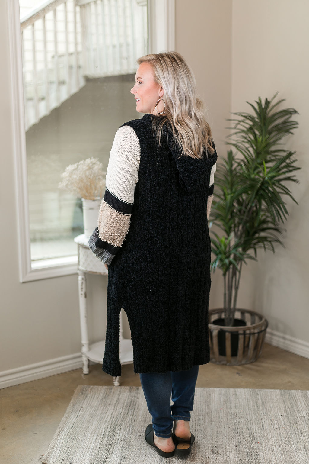 Last Chance Size S/M | Easy Days Long Chenille Knit Vest with Hood in Black - Giddy Up Glamour Boutique