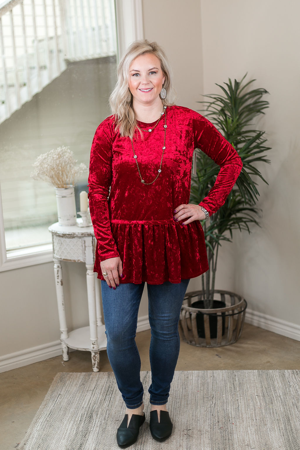 Last Chance SIze S & 3XL | The One and Only Long Sleeve Velvet Peplum Tunic Top in Red