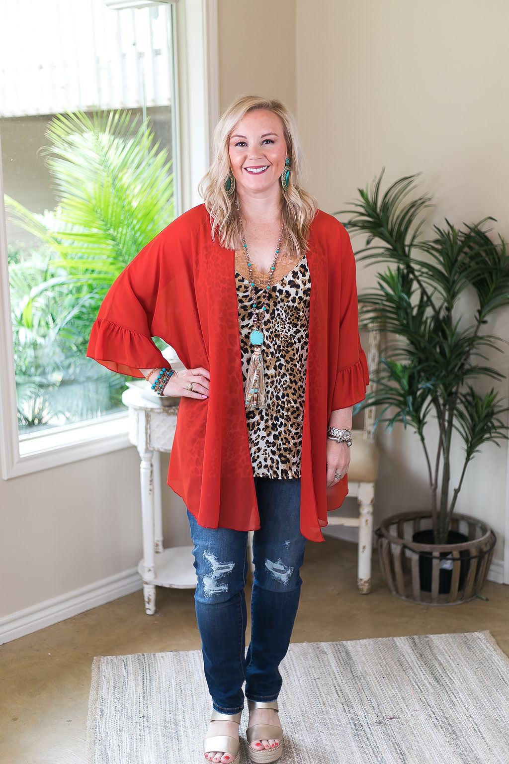 Tell Me About It Sheer Kimono with Ruffle Sleeves in Rust Orange - Giddy Up Glamour Boutique