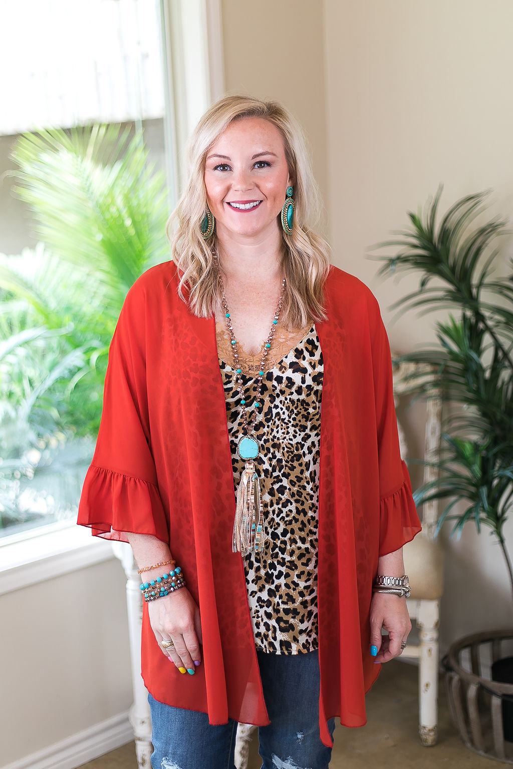 Tell Me About It Sheer Kimono with Ruffle Sleeves in Rust Orange - Giddy Up Glamour Boutique