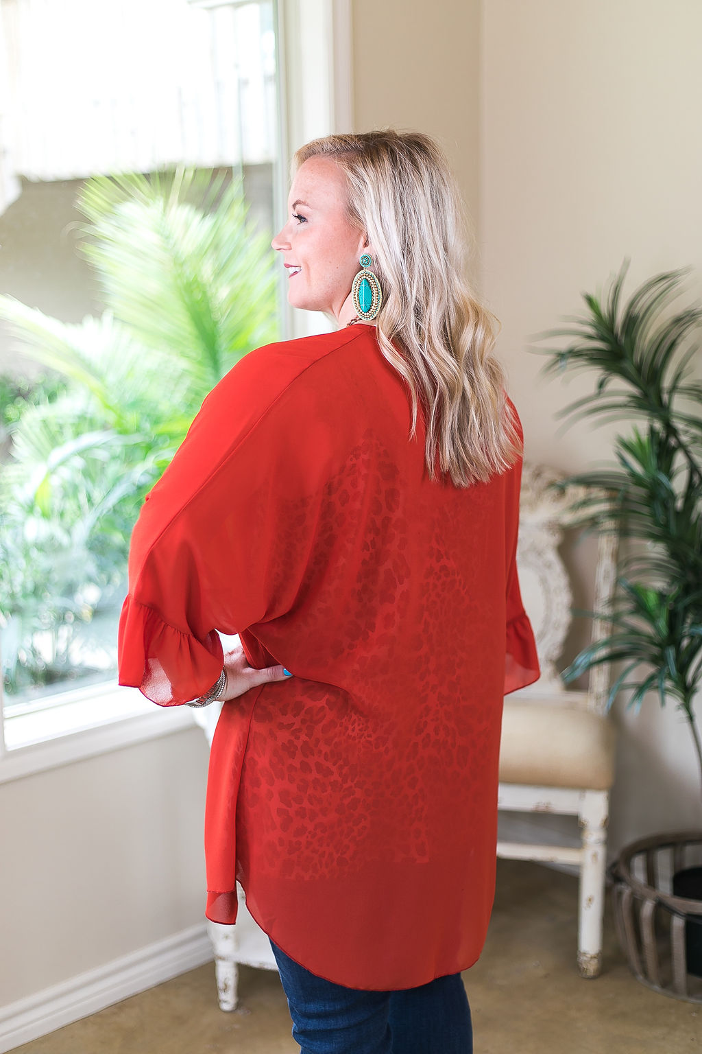 Tell Me About It Sheer Kimono with Ruffle Sleeves in Rust Orange - Giddy Up Glamour Boutique