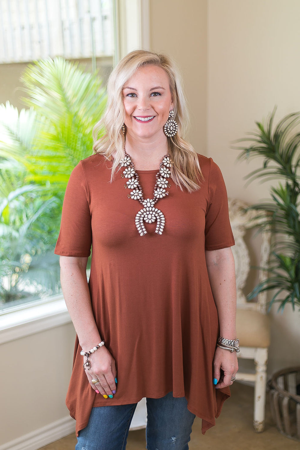 Whenever This Happens Solid Handkerchief Tunic Top in Tobacco Brown - Giddy Up Glamour Boutique