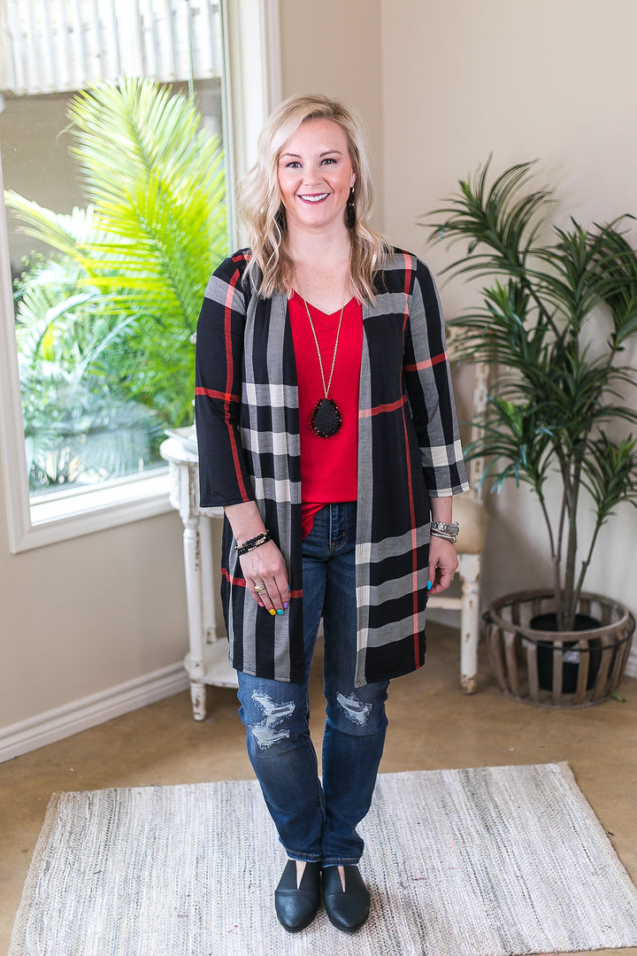 All Eyes On You Large Plaid Cardigan in Black - Giddy Up Glamour Boutique