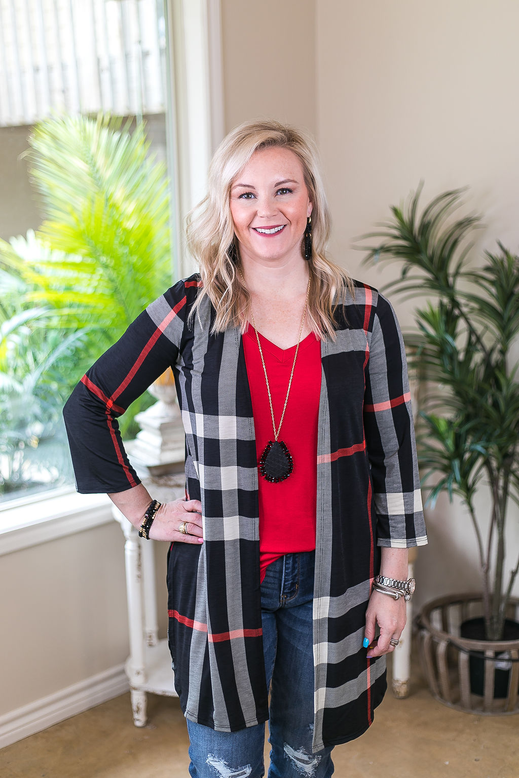 All Eyes On You Large Plaid Cardigan in Black - Giddy Up Glamour Boutique