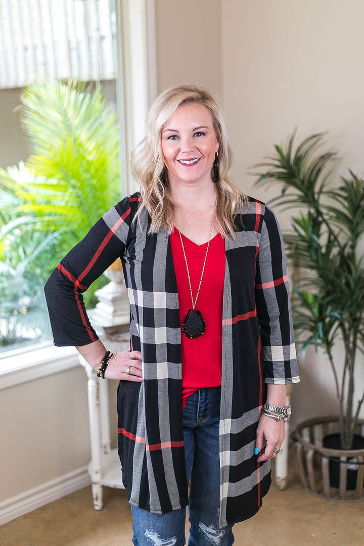 All Eyes On You Large Plaid Cardigan in Black - Giddy Up Glamour Boutique