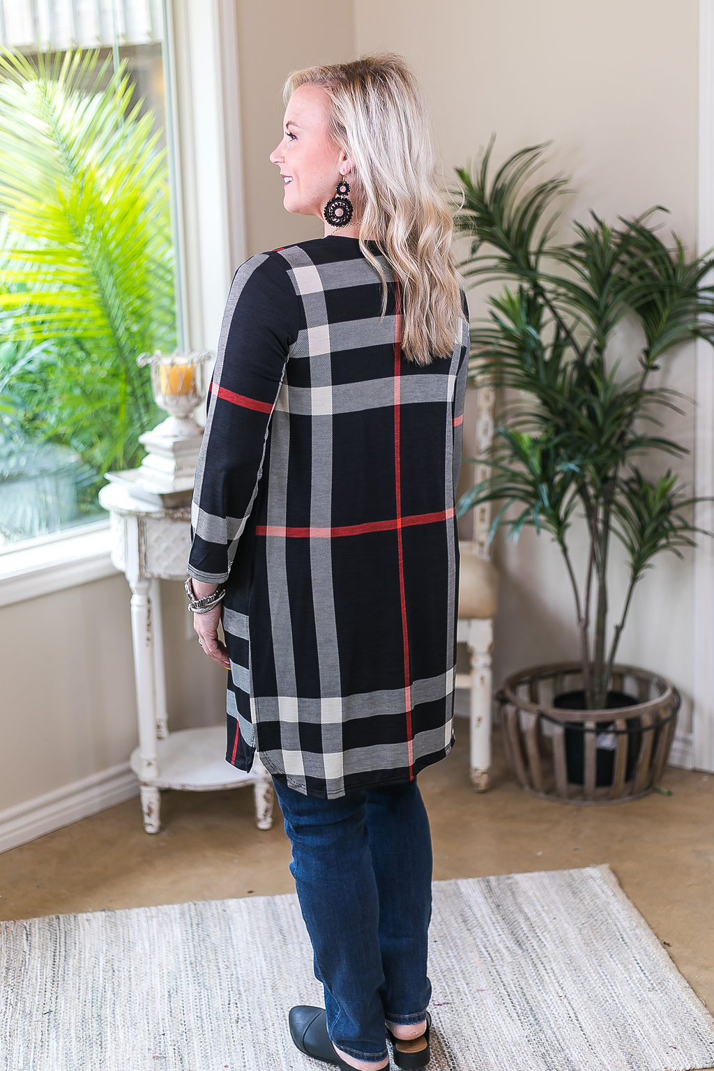 All Eyes On You Large Plaid Cardigan in Black - Giddy Up Glamour Boutique