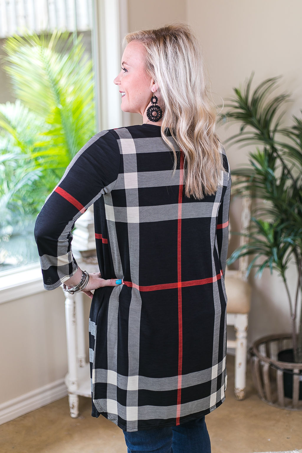 All Eyes On You Large Plaid Cardigan in Black - Giddy Up Glamour Boutique