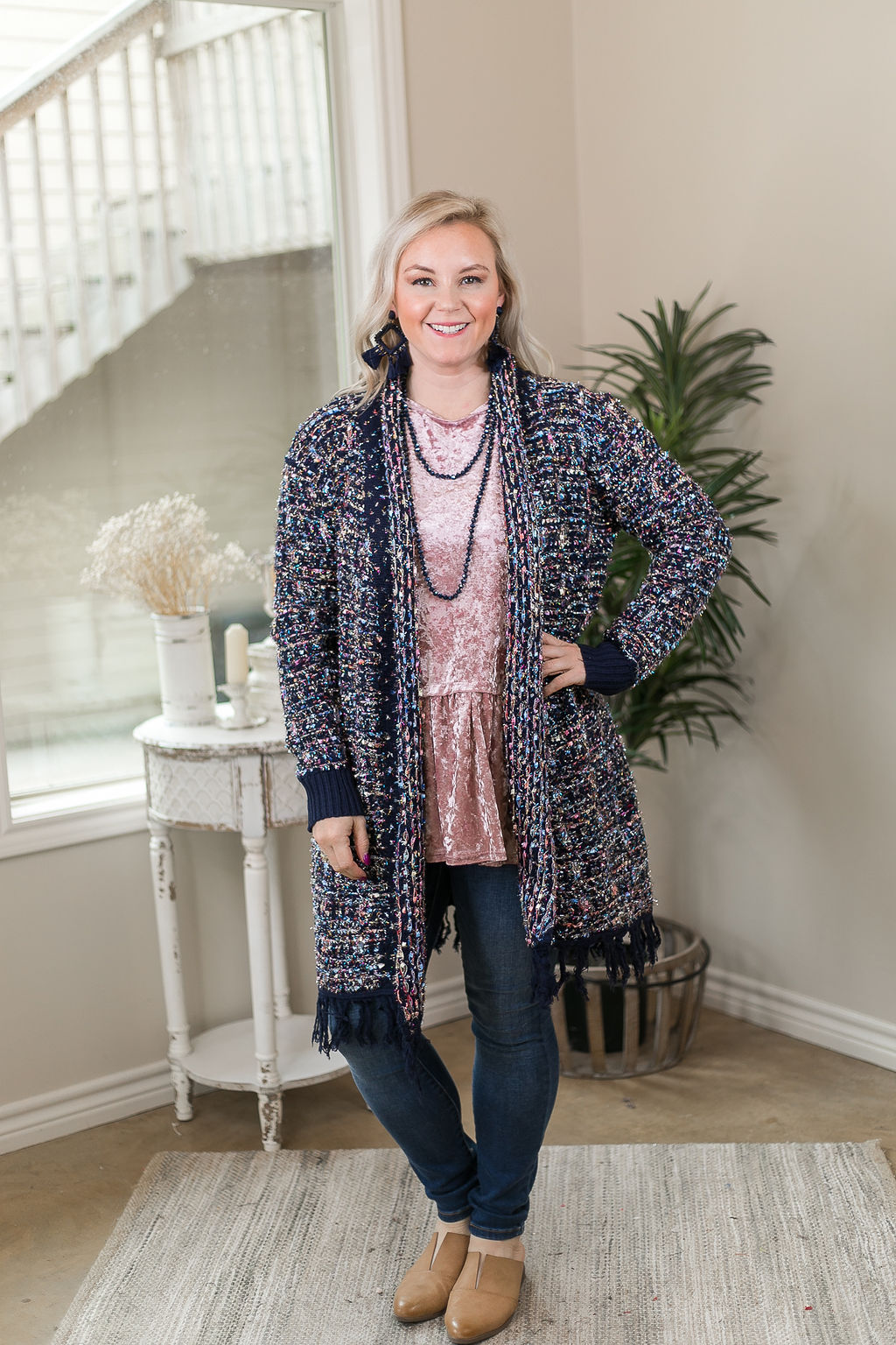 Sparkle All Night Long Tinsel Tweed Cardigan with Fringe Trim in Navy Blue - Giddy Up Glamour Boutique