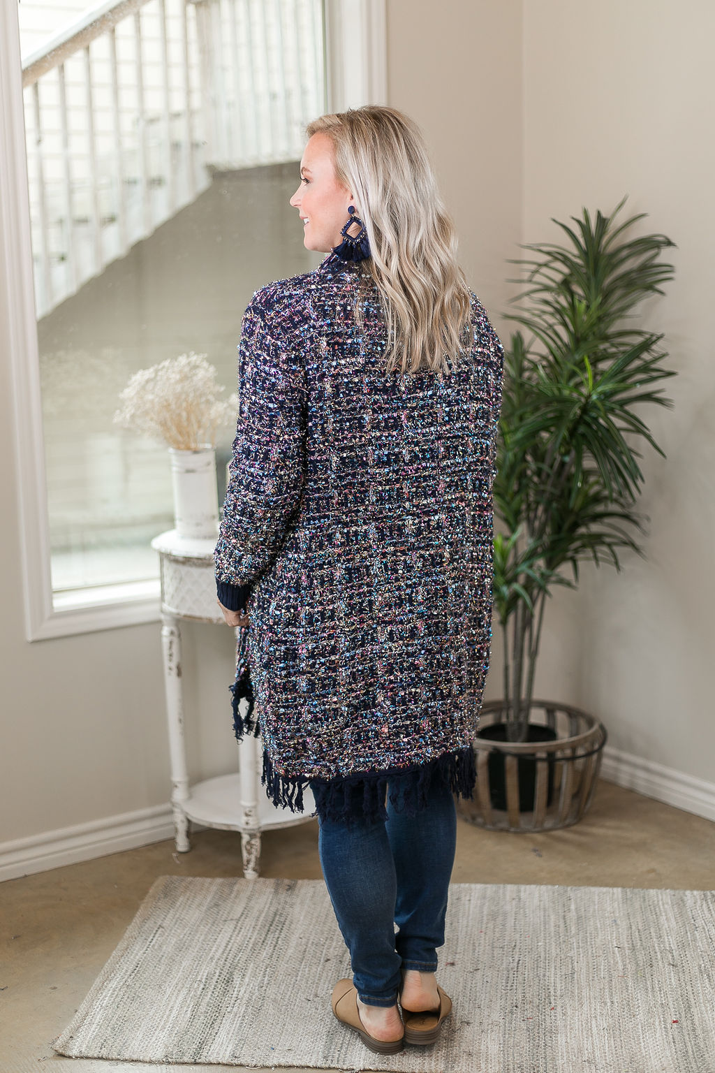 Sparkle All Night Long Tinsel Tweed Cardigan with Fringe Trim in Navy Blue - Giddy Up Glamour Boutique