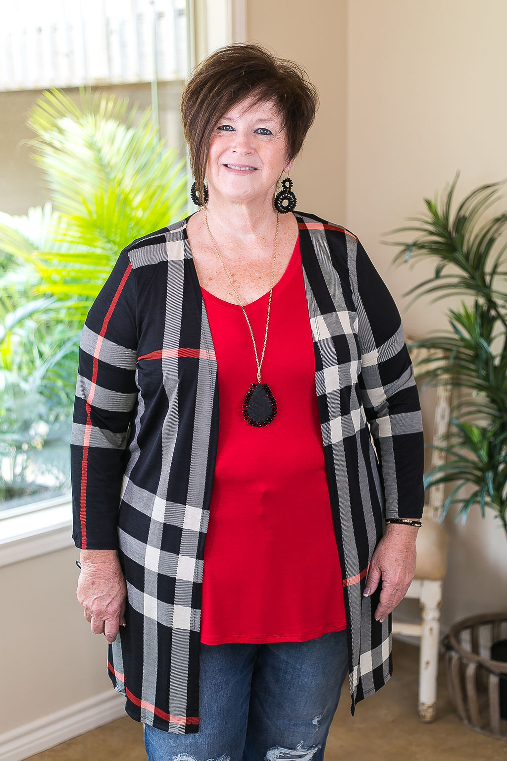 All Eyes On You Large Plaid Cardigan in Black - Giddy Up Glamour Boutique