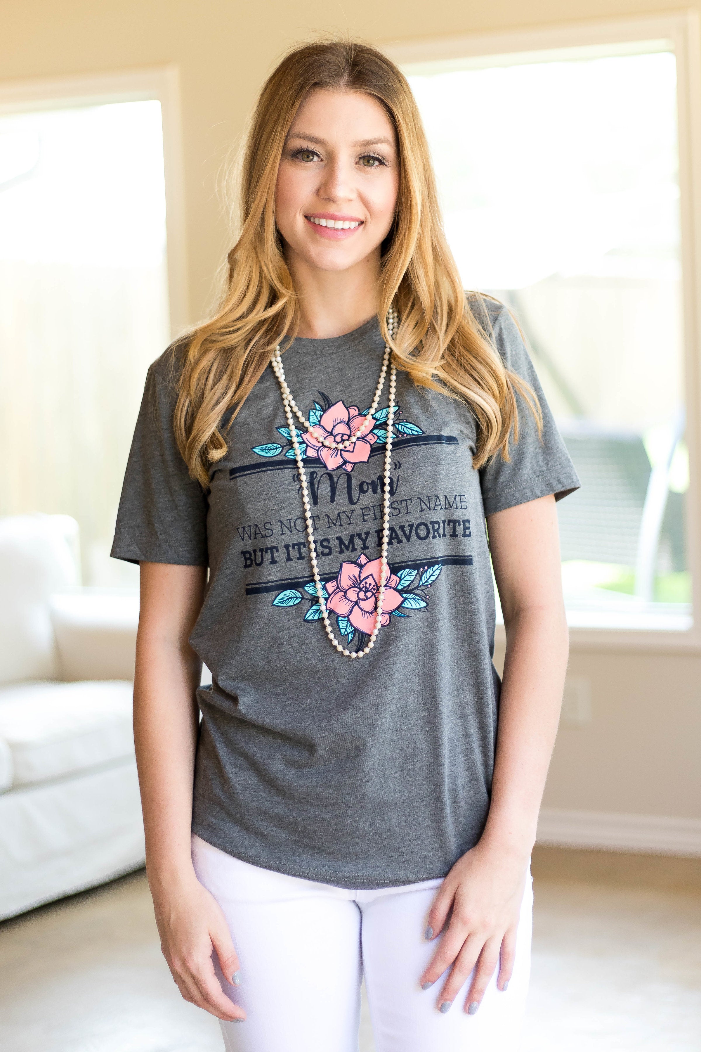 Mom Is My Favorite Name Short Sleeve Tee Shirt in Grey - Giddy Up Glamour Boutique