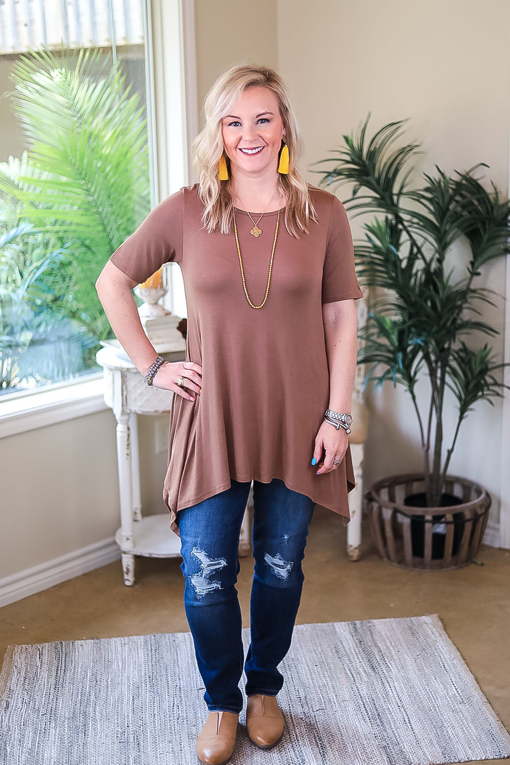 Whenever This Happens Solid Handkerchief Tunic Top in Mocha Brown - Giddy Up Glamour Boutique