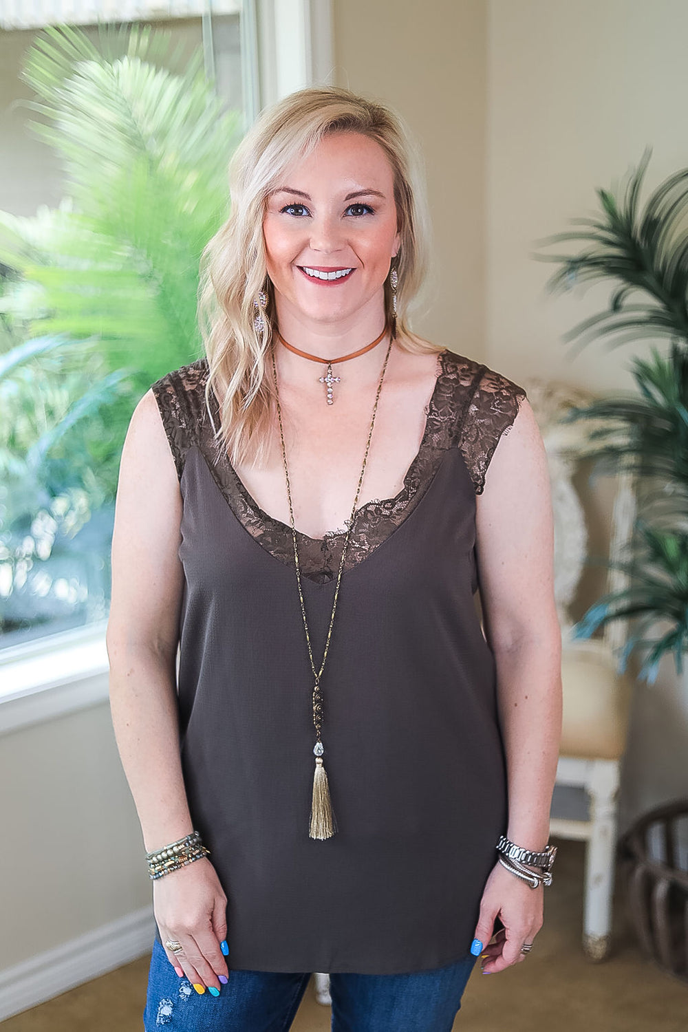 On Replay Solid Color Camisole with Lace Sleeves in Olive Green - Giddy Up Glamour Boutique