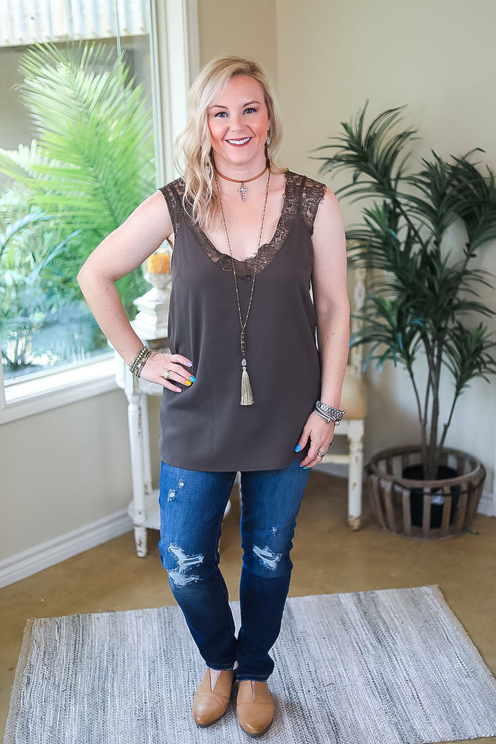 On Replay Solid Color Camisole with Lace Sleeves in Olive Green - Giddy Up Glamour Boutique