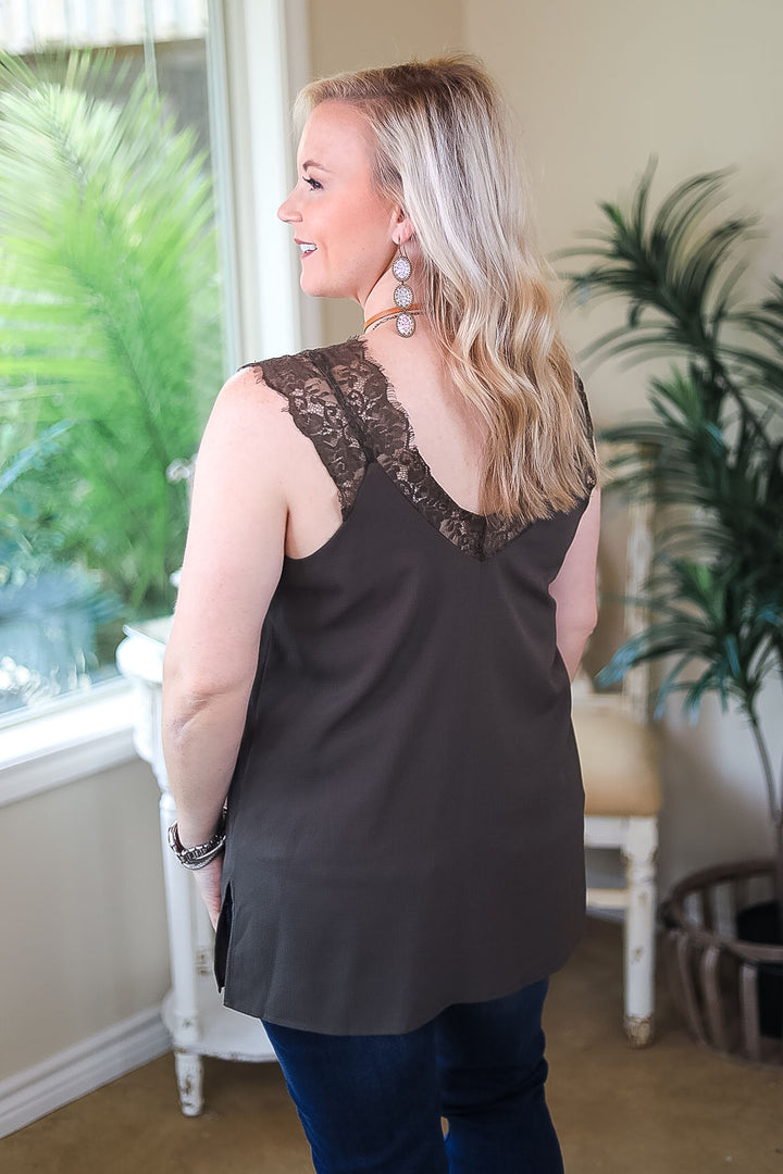 On Replay Solid Color Camisole with Lace Sleeves in Olive Green - Giddy Up Glamour Boutique