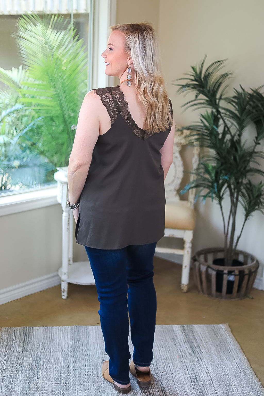 On Replay Solid Color Camisole with Lace Sleeves in Olive Green - Giddy Up Glamour Boutique