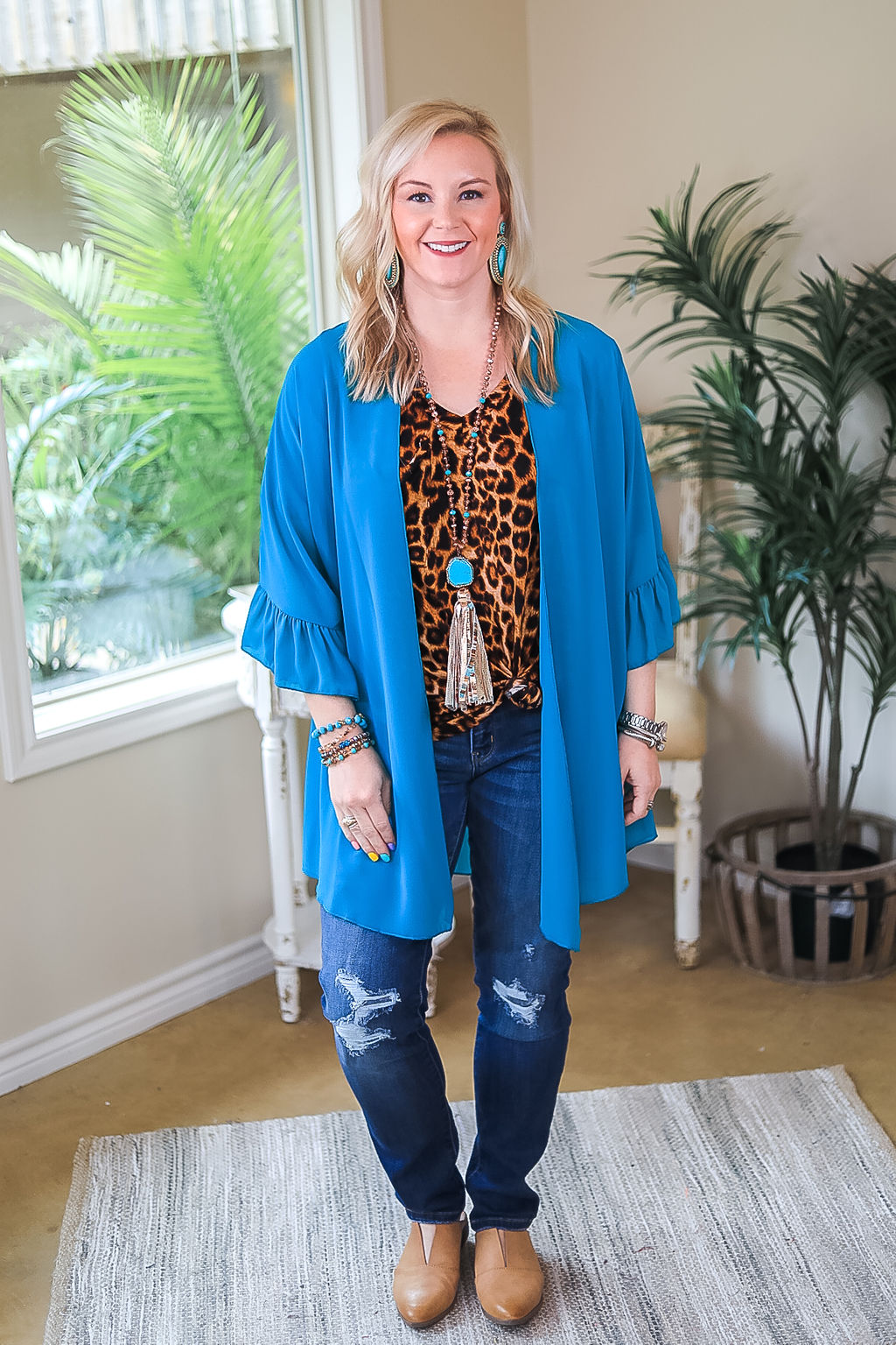 Tell Me About It Sheer Kimono with Ruffle Sleeves in Teal Blue - Giddy Up Glamour Boutique