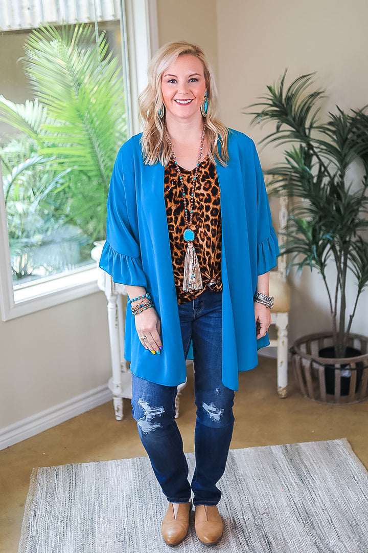 Tell Me About It Sheer Kimono with Ruffle Sleeves in Teal Blue - Giddy Up Glamour Boutique