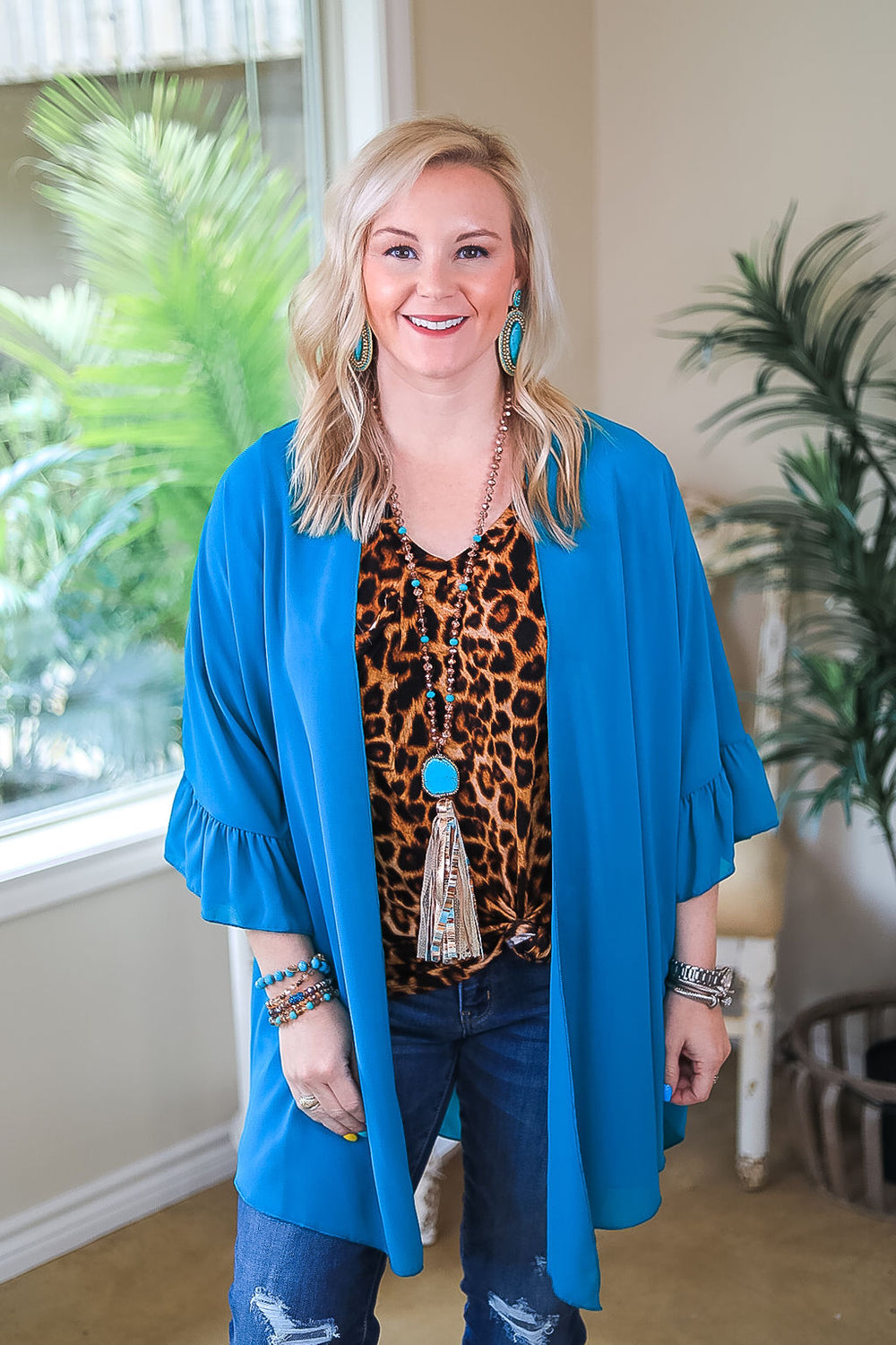 Tell Me About It Sheer Kimono with Ruffle Sleeves in Teal Blue - Giddy Up Glamour Boutique