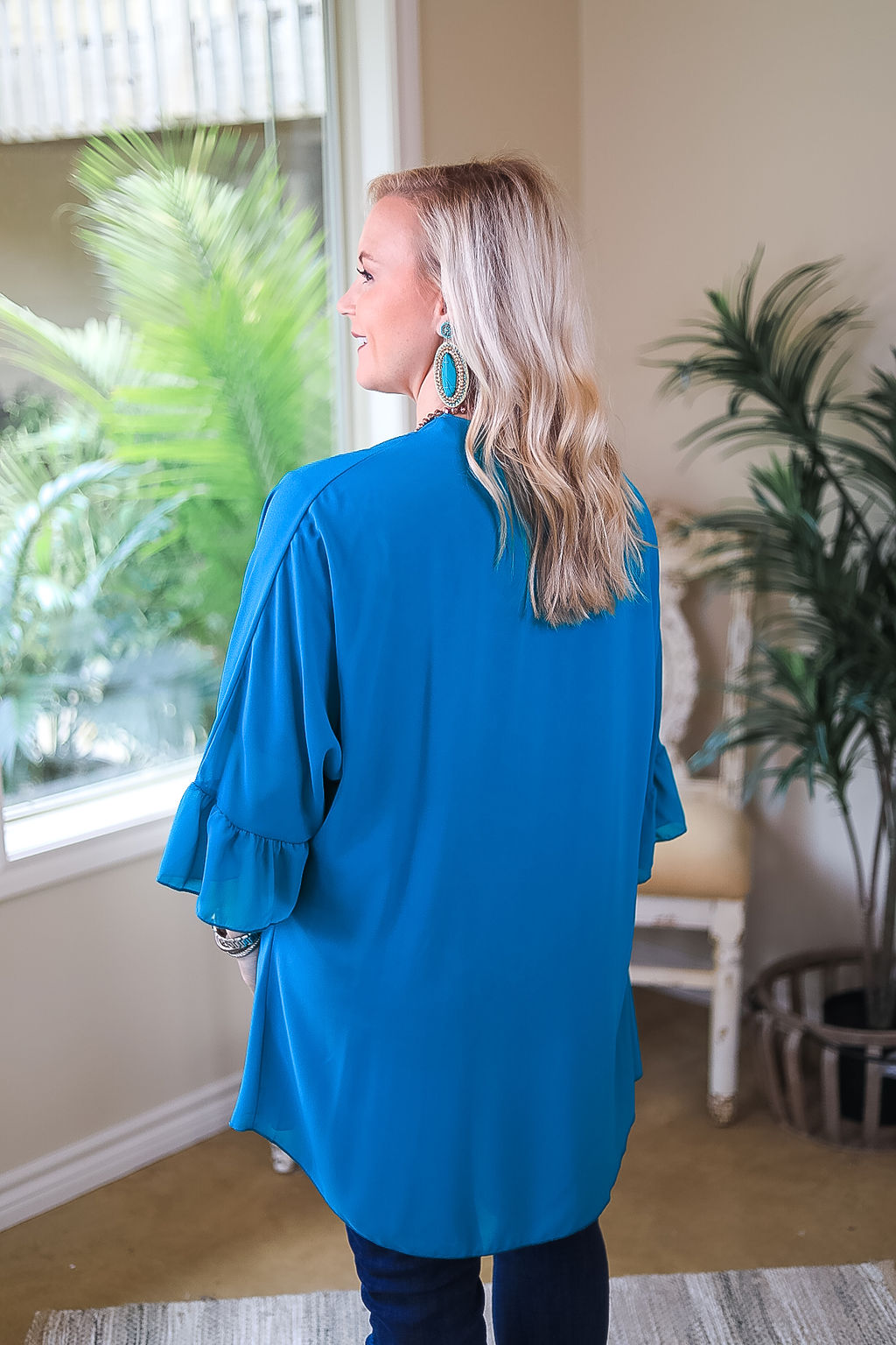 Tell Me About It Sheer Kimono with Ruffle Sleeves in Teal Blue - Giddy Up Glamour Boutique