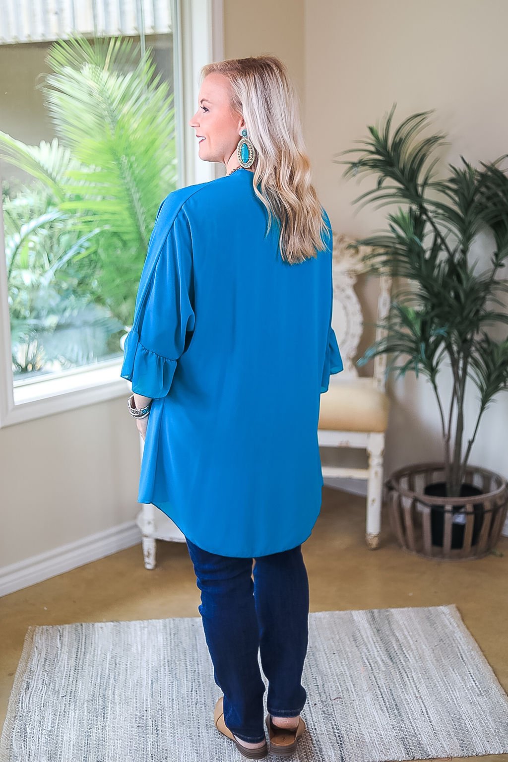 Tell Me About It Sheer Kimono with Ruffle Sleeves in Teal Blue - Giddy Up Glamour Boutique